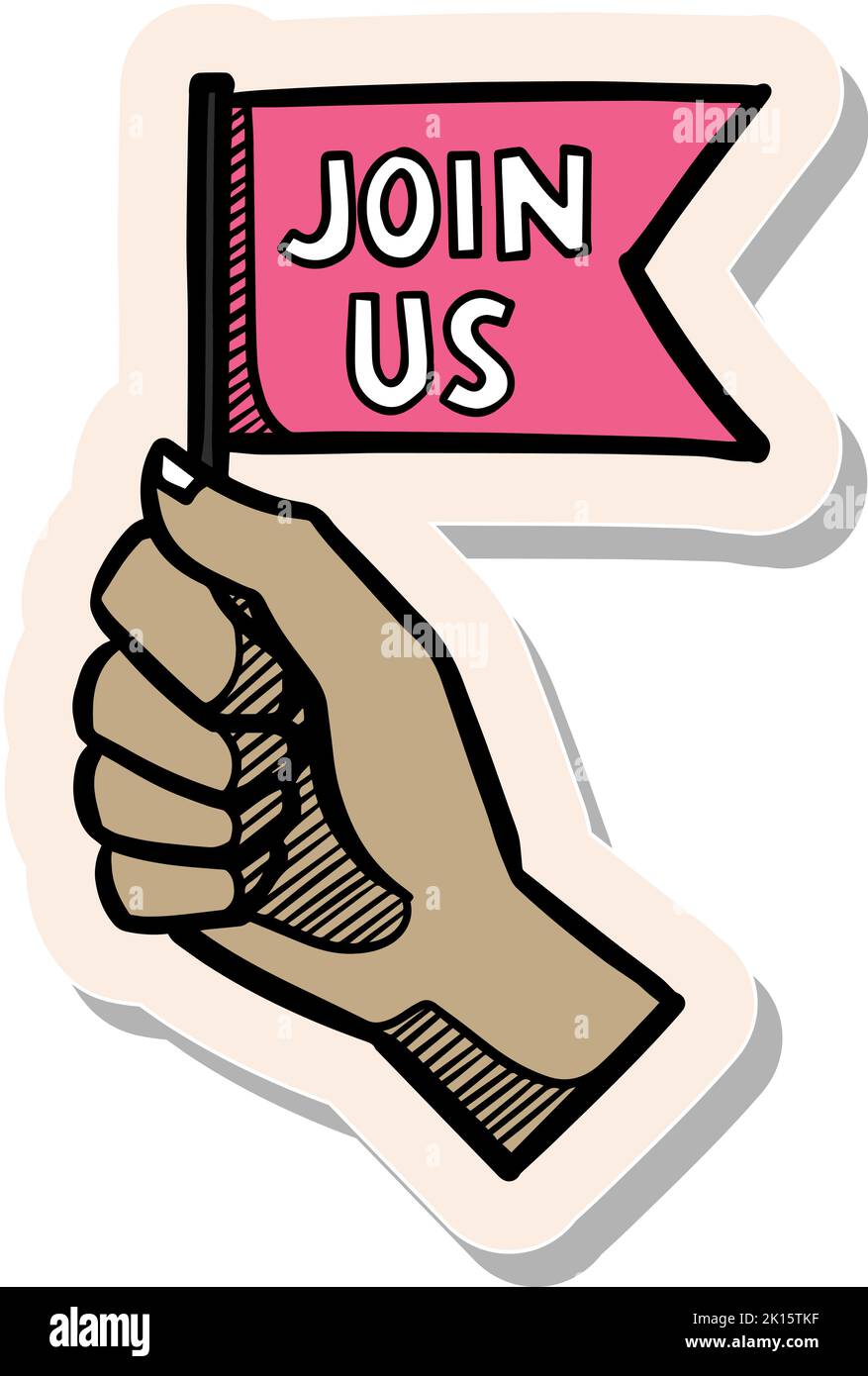 Hand drawn hand holding small flag with text join us in sticker style ...