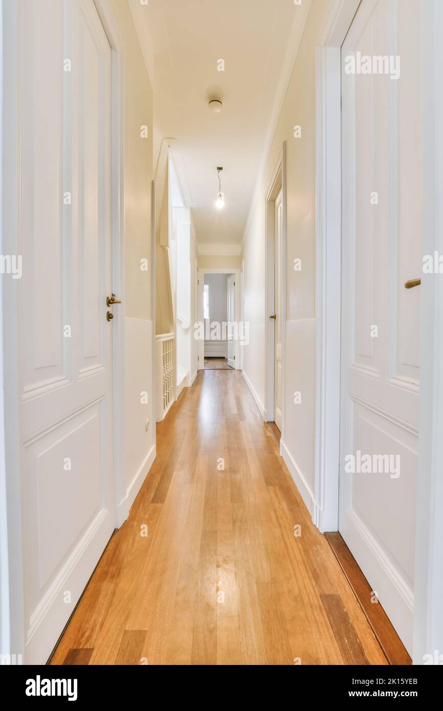 modern corridor of a house with white doors in both sides Stock Photo