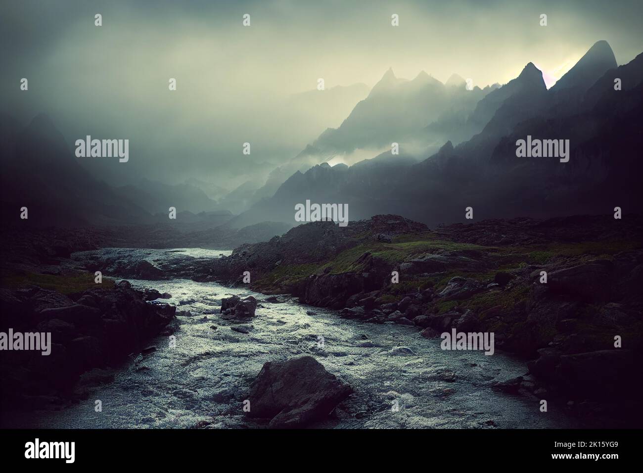 A beautiful view of river surrounded by rocky mountains on a foggy day ...