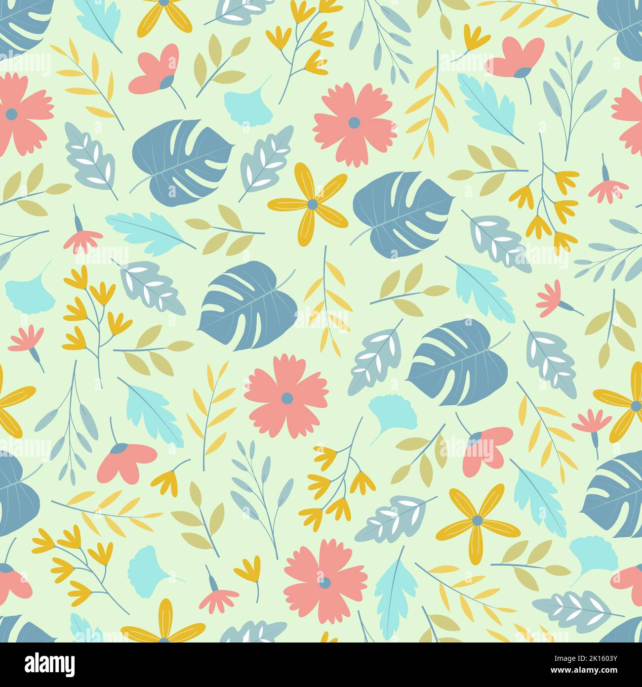 Ornamental ditsy floral seamless pattern design. Repeating texture of blooming flowers and leaves. Background for surface printing Stock Vector