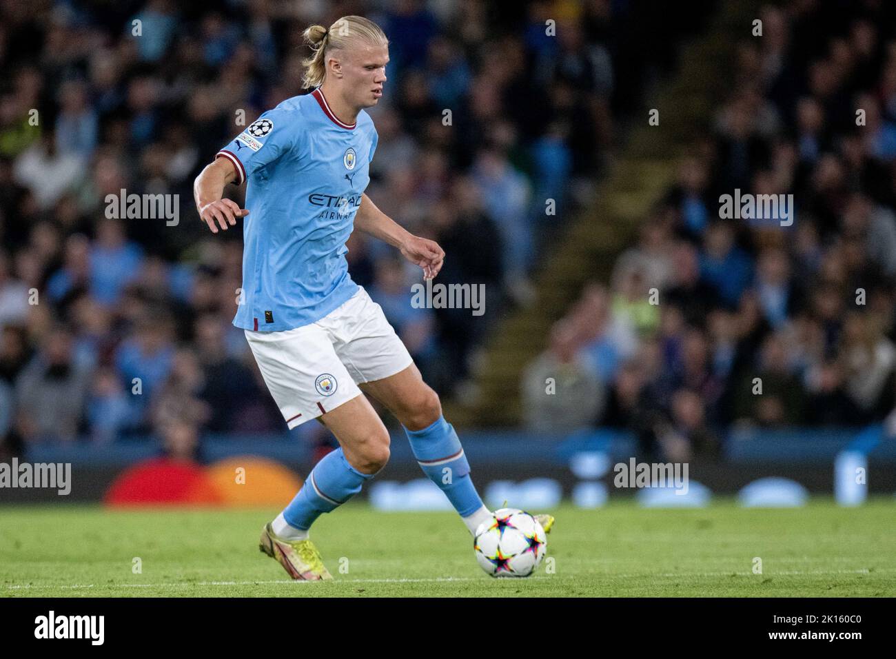 MANCHESTER, ENGLAND - SEPTEMBER 14: Erling Haaland of Manchester City control ball during the UEFA Champions League group G match between Manchester C Stock Photo