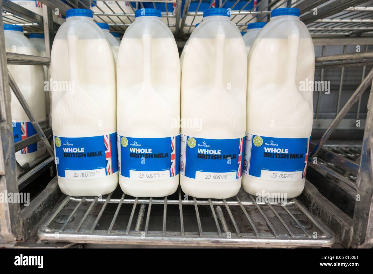 Full fat milk in Supermarket shelf in UK Stock Photo