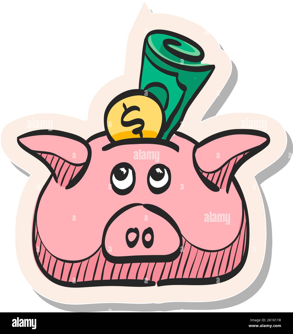 Hand drawn Coin piggy bank icon in sticker style vector illustration ...
