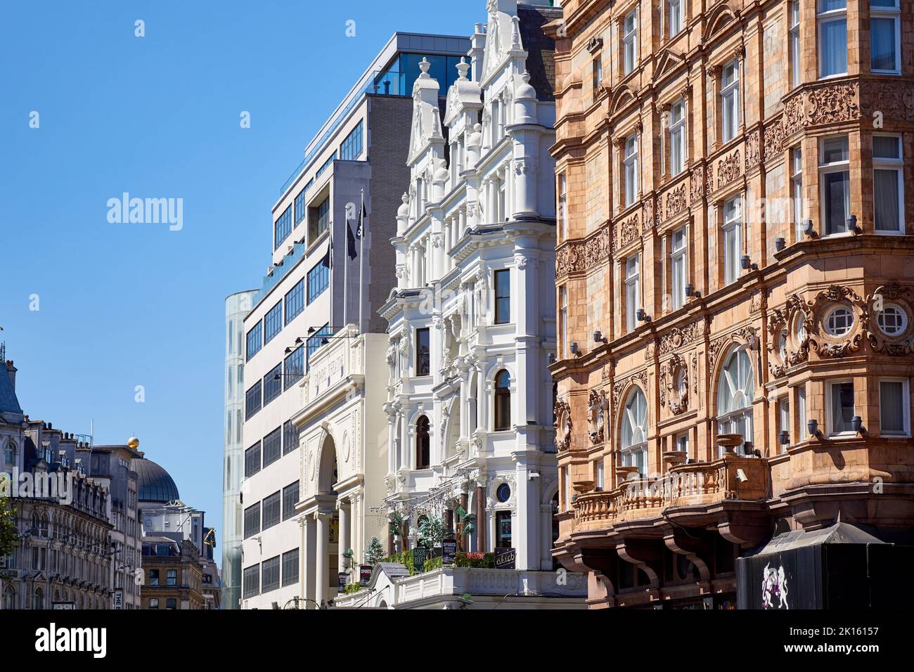 View of Cranbourn Street and Leicester Square houses in London’s Westend Stock Photo