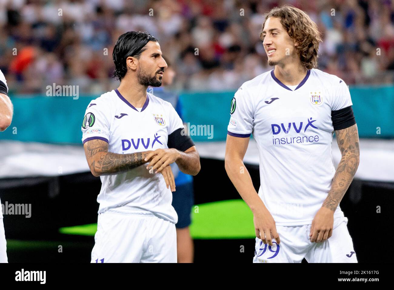 Bucharest, Romania. 16th Sep, 2022. September 16, 2022: Lior Refaelov #11 of RSC Anderlecht and Fabio Silva #99 of RSC Anderlecht during of the UEFA Europa Conference League group B match between FCSB Bucharest and RSC Anderlecht at National Arena Stadium in Bucharest, Romania ROU. Catalin Soare/Cronos Credit: Cronos/Alamy Live News Stock Photo