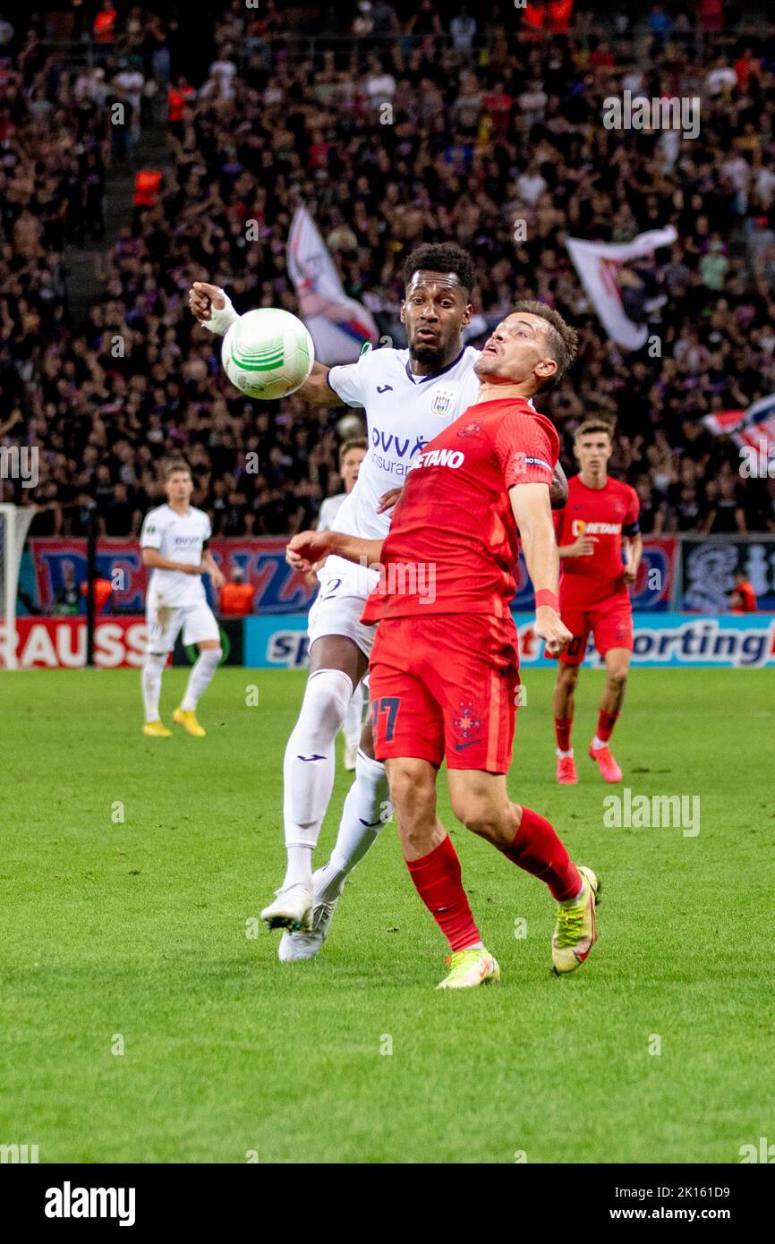 Bucharest, Romania. 16th Sep, 2022. September 16, 2022: Michael Murillo #62 of RSC Anderlecht and Darius Olaru #27 of FCSB during of the UEFA Europa Conference League group B match between FCSB Bucharest and RSC Anderlecht at National Arena Stadium in Bucharest, Romania ROU. Catalin Soare/Cronos Credit: Cronos/Alamy Live News Stock Photo