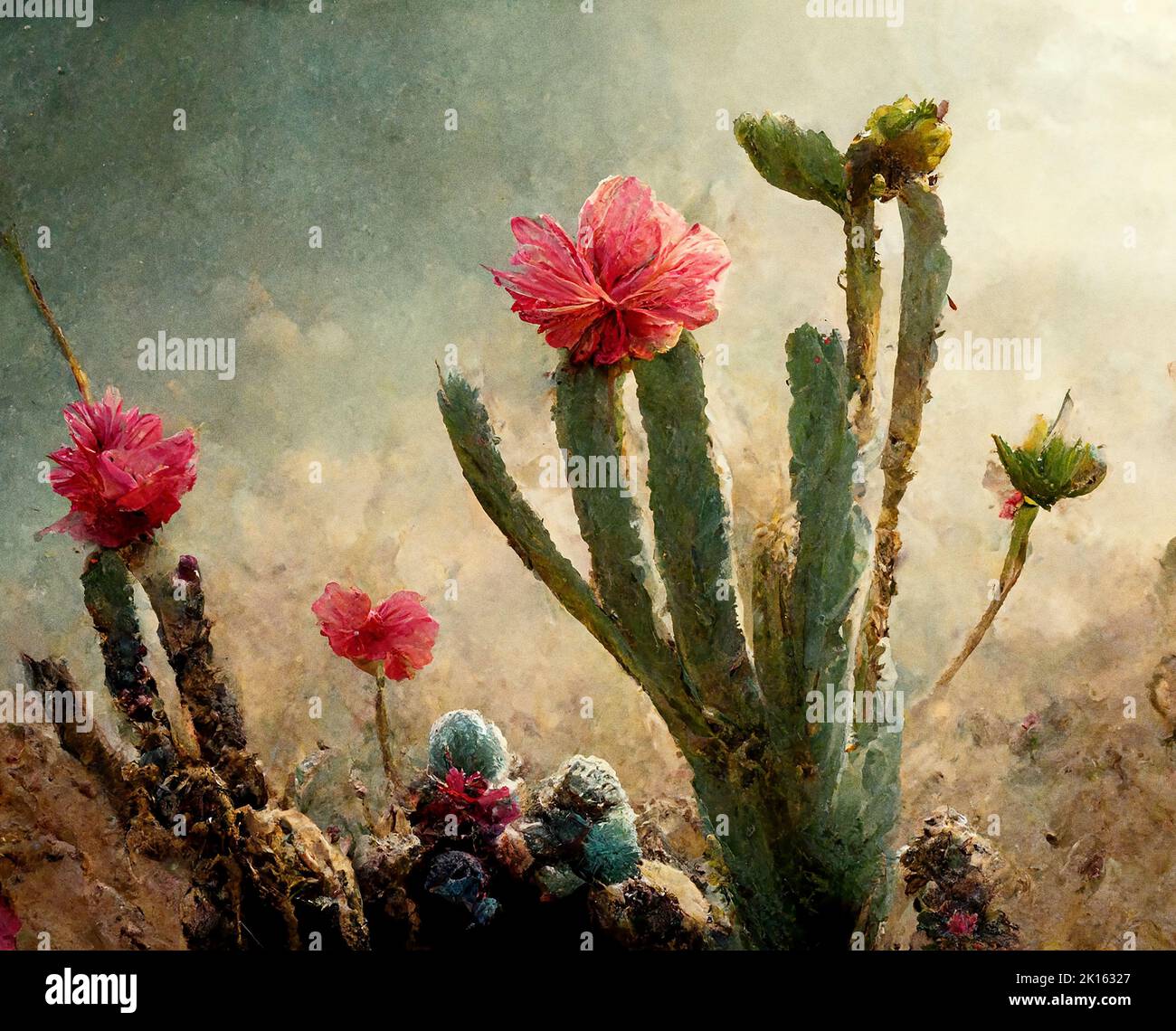 Painting of desert cactus flower abstract art Stock Photo - Alamy
