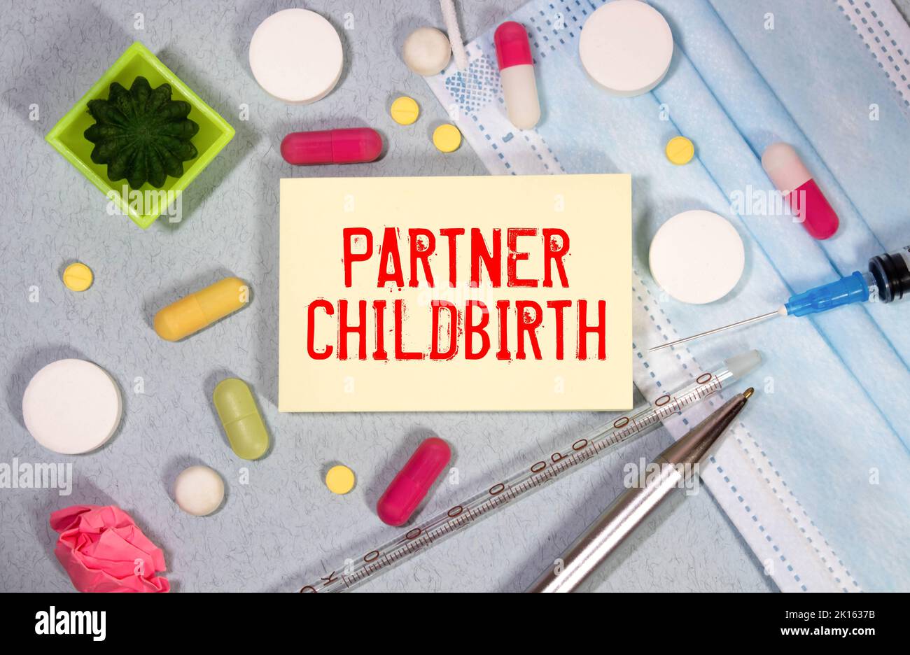 Partner childbirth inscription. Supporting child delivery process Stock