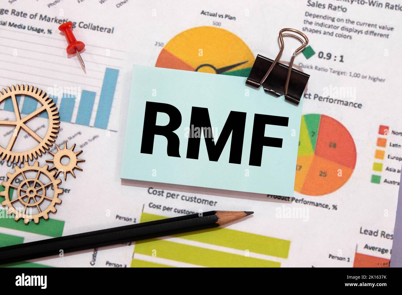 Text RMF for Retirement Mutual Fund made from wooden blocks with pile of coins spilling. Stock Photo
