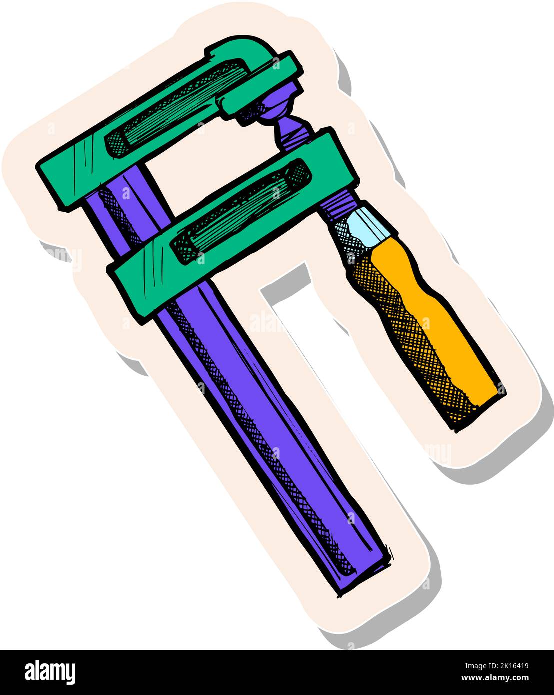 Hand drawn woodworking clamp in sticker style vector illustration Stock