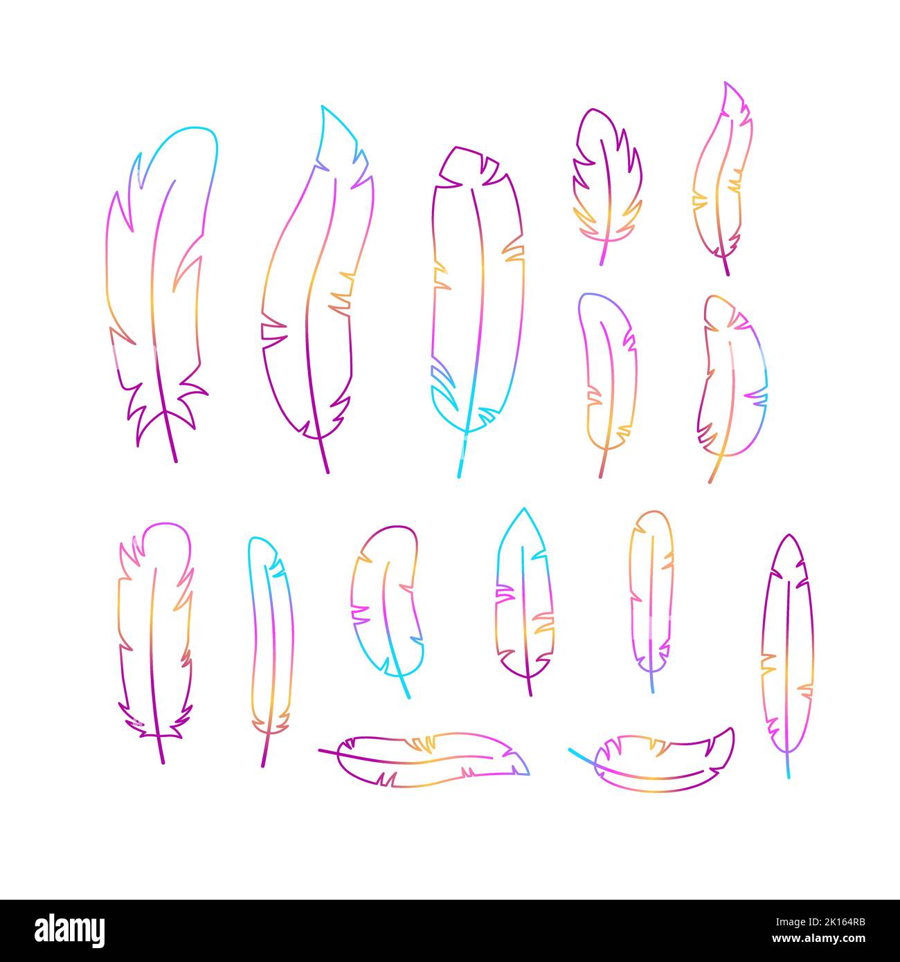 Set colorful outline feathers, retro hippie style items. For print, graphic design, stickers and poster template Stock Vector