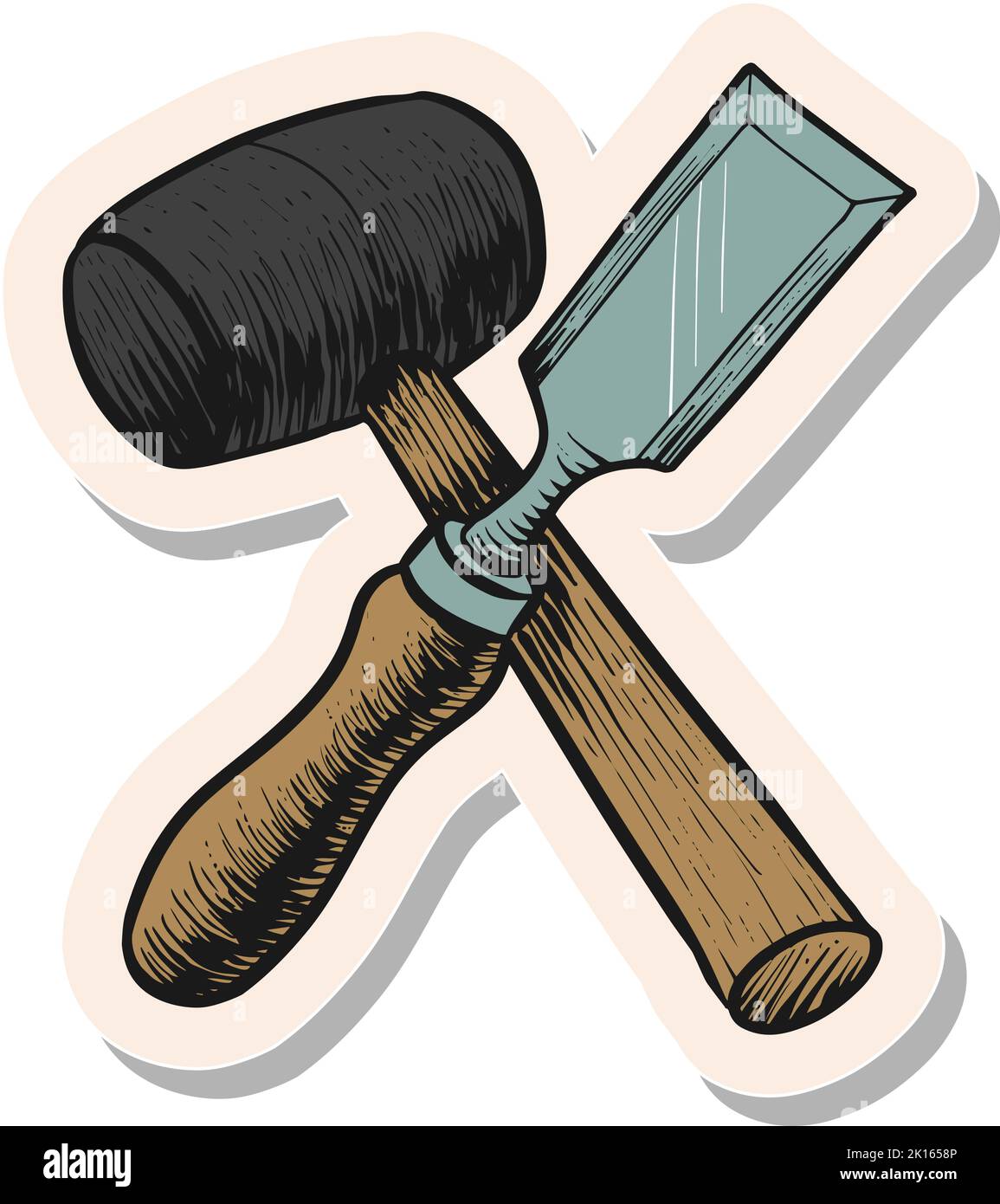 Hand drawn chisel and mallet icon woodworking tool in sticker style