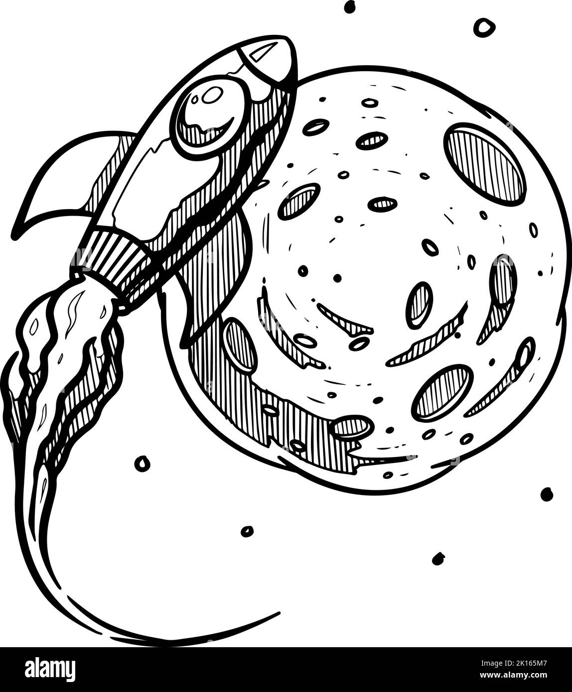 Bitcoin space rocket approaching a planet. Hand drawn vector illustration. Stock Vector