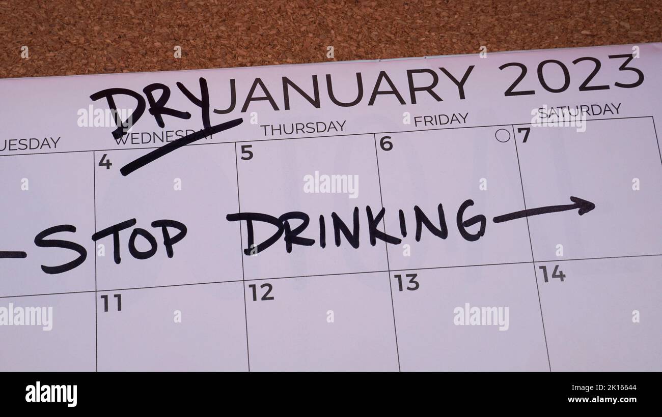 Calendar marked to indicate that January is Dry January - a month to stay sober and alcohol-free. Stock Photo