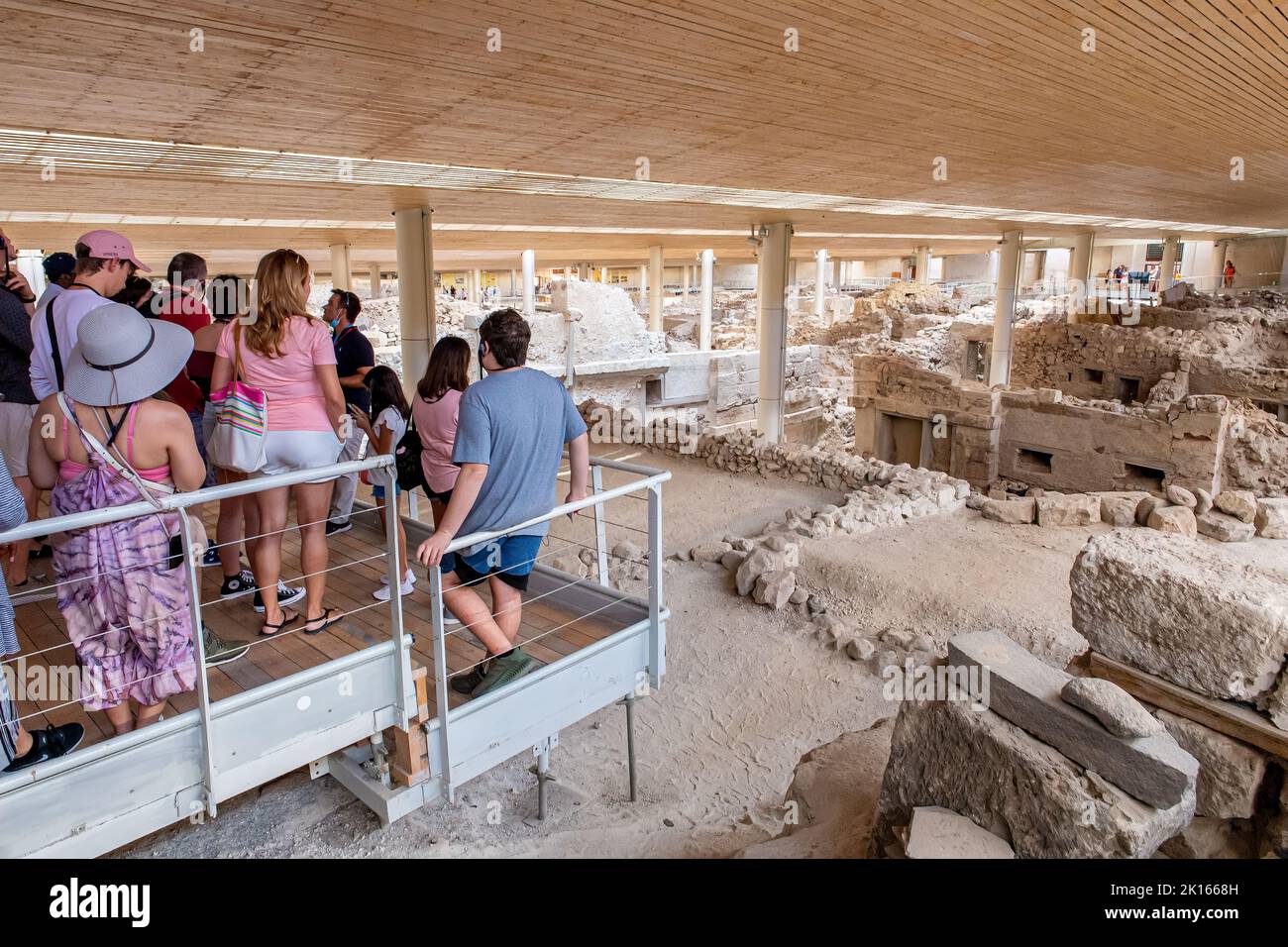 Akrotiri excavation houses and pottery Cycladic Bronze Age settlement on Santorini Greece - Ancient Minoan archaeological site & dig w/ pottery Stock Photo