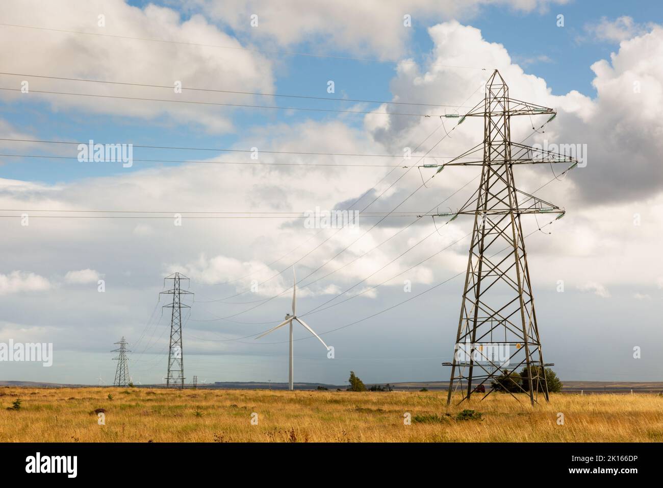 Electricity pylon and wind turbine, Scotland, UK 2022 Stock Photo