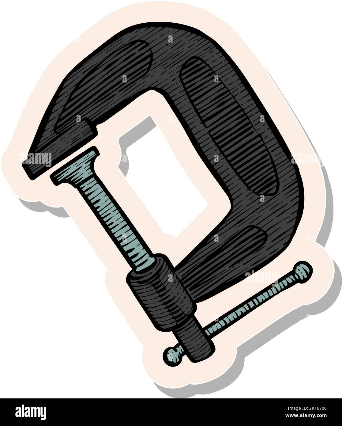 Hand drawn clamp icon woodworking tool in sticker style vector