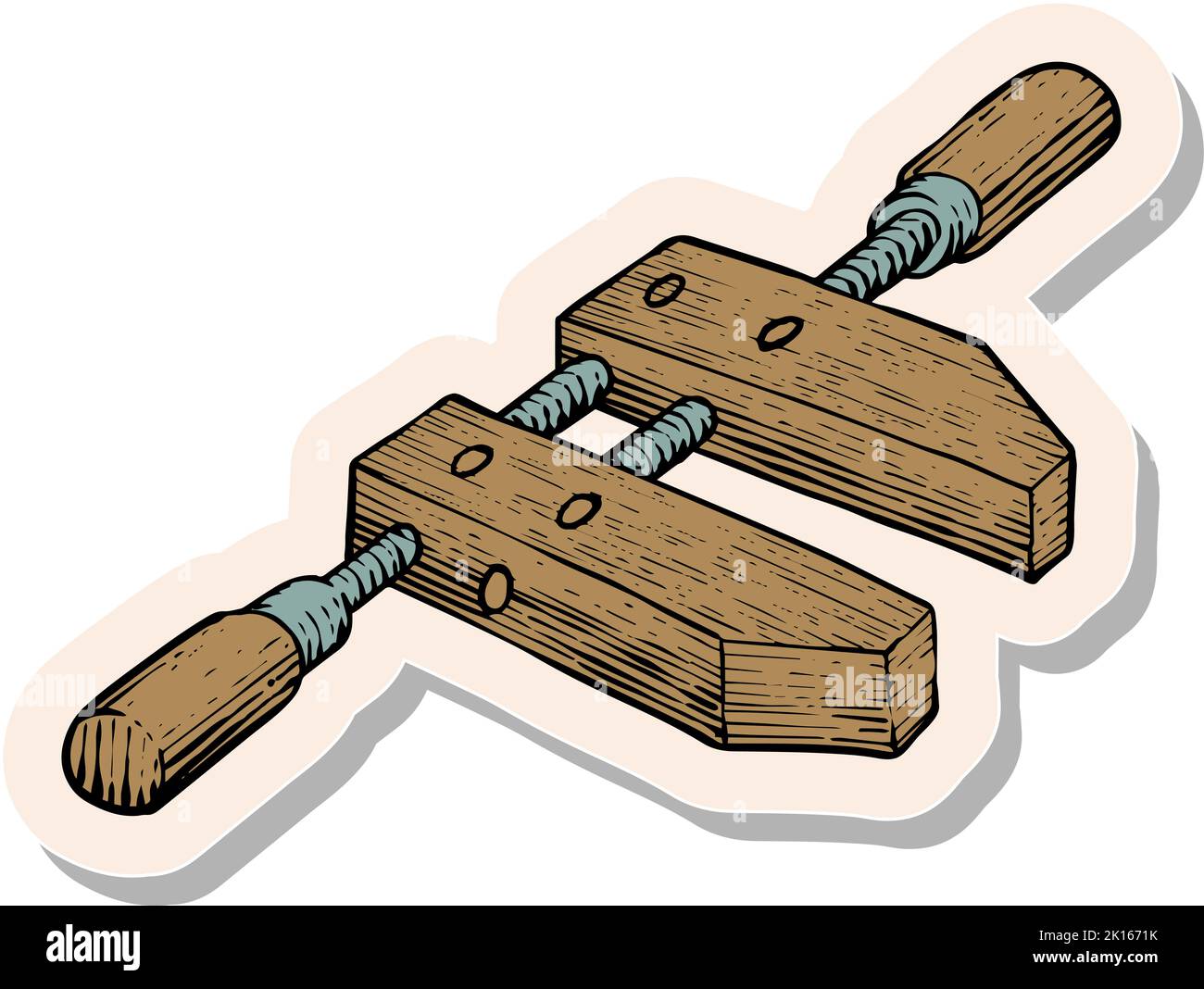 Hand drawn wooden clamp icon woodworking tool in sticker style vector