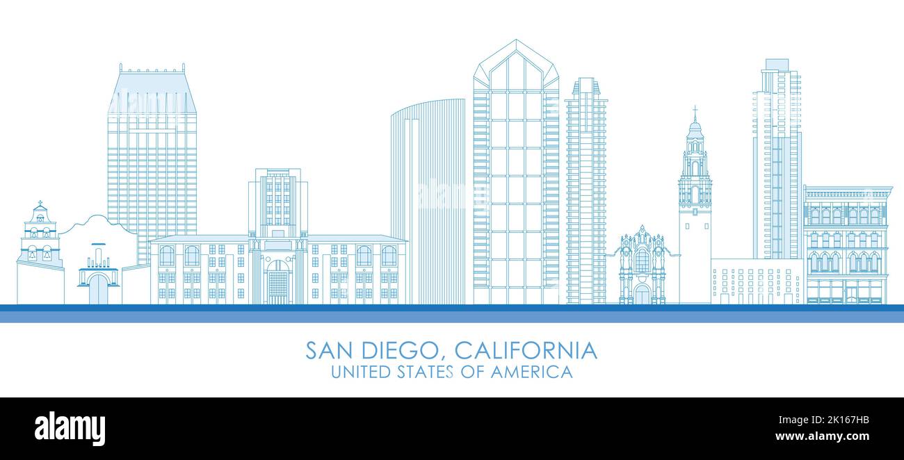 Outline Skyline panorama of San Diego, California, United States - vector illustration Stock Vector