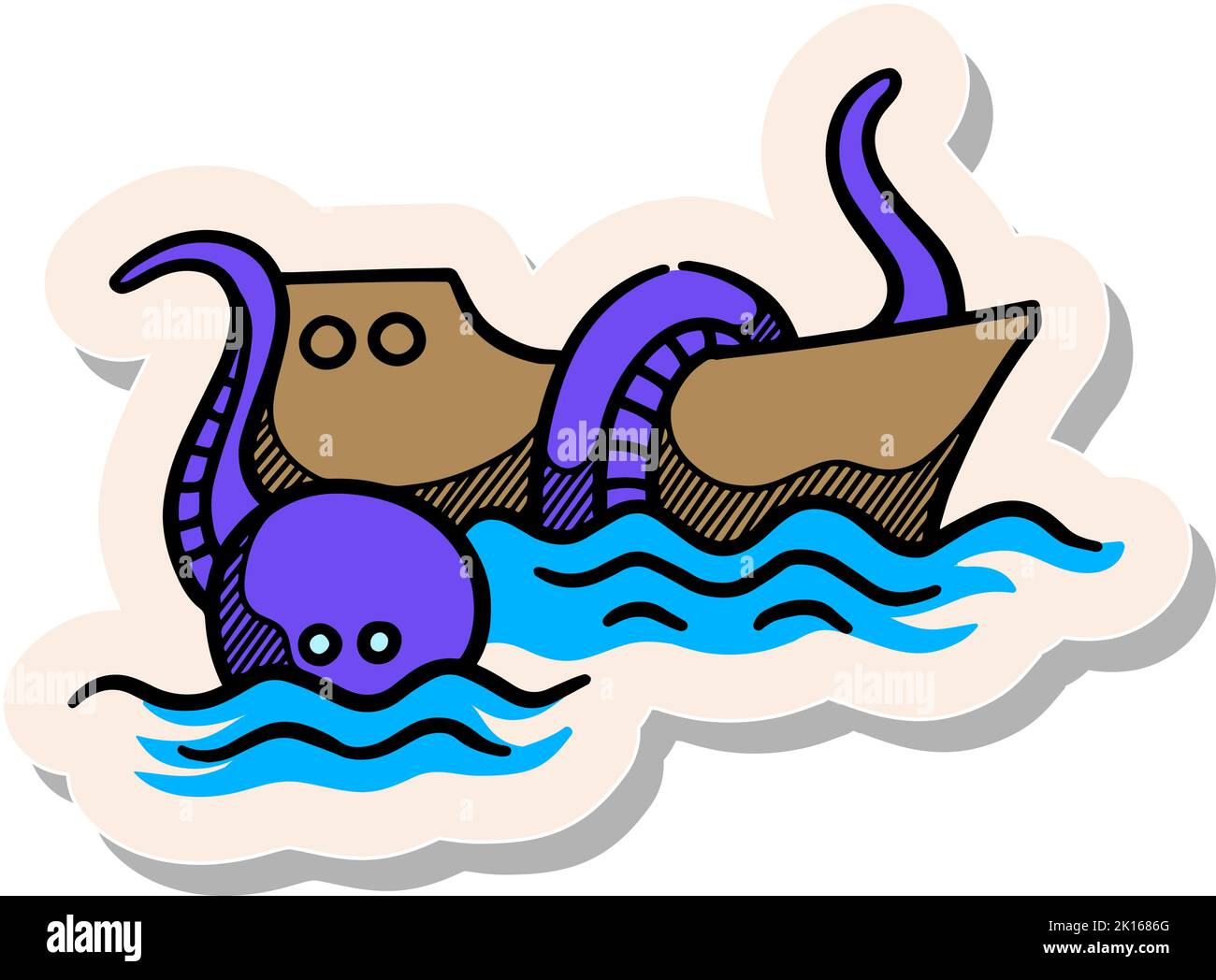Hand drawn ship and giant octopus icon in sticker style vector ...