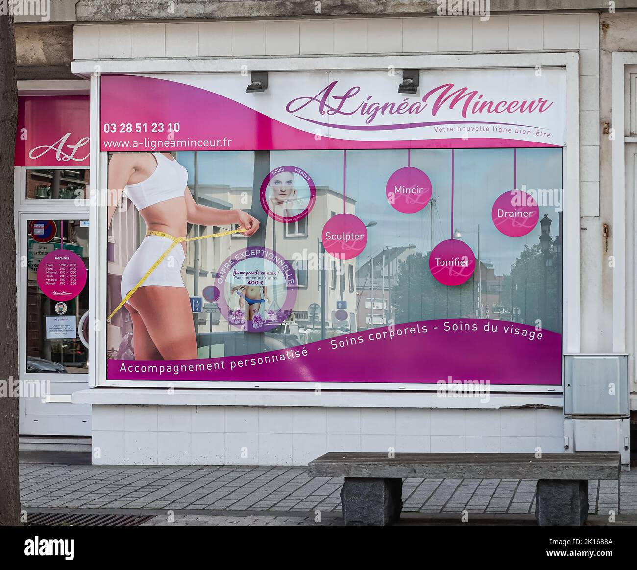 Europe, France, Dunkerque - July 9, 2022: Alignea Minceur is Beauty therapist through specilized services such as Cryotherapy, massage, excercise plan Stock Photo