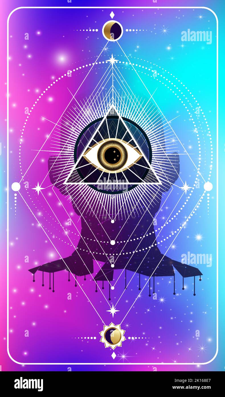 Reverse side of the divination card. All-seeing eye, man, cosmic mind. Stock Vector