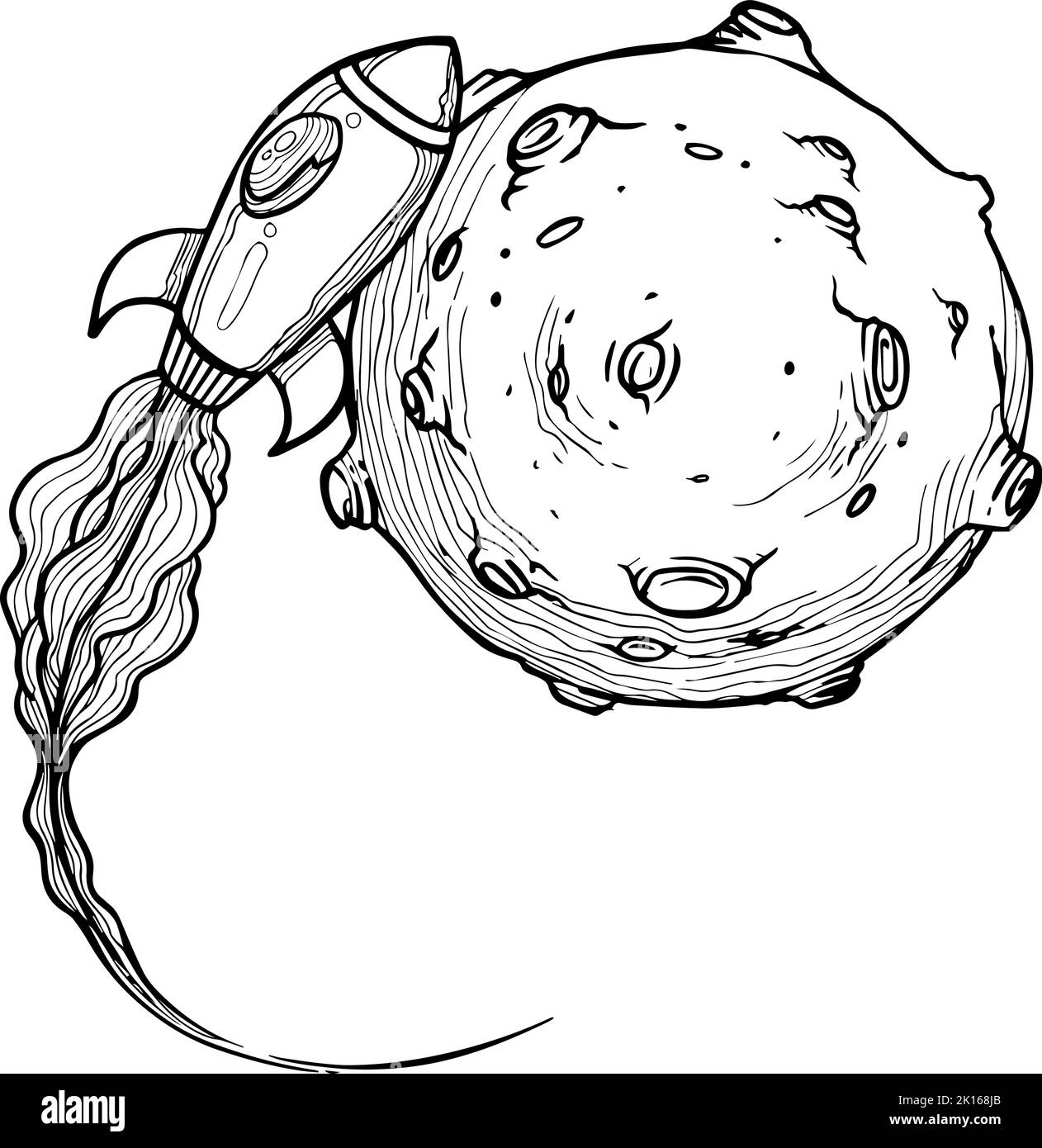 Bitcoin space rocket approaching a planet. Hand drawn vector illustration. Stock Vector