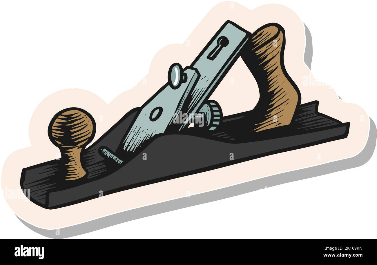 Hand drawn hand plane icon woodworking tool in sticker style vector ...