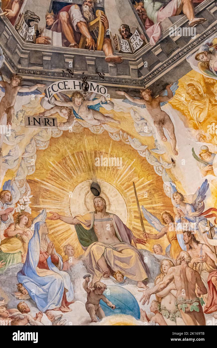 Florence Cathedral - Duomo Santa Maria del Fiore Cathedral Brunelleschi Dome painting - The Last Judgement fresco detail Giorgio Vasari & Zuccari Stock Photo