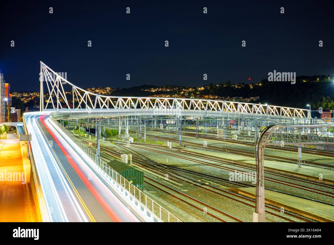 Night photo of Nordenga bridge and train tracks in Oslo Norway Stock Photo