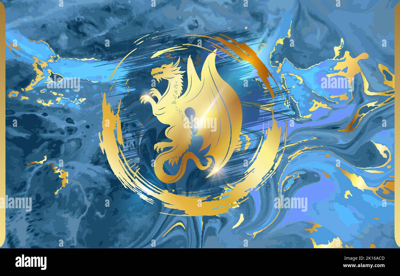 Golden dragon in a ring on a blue background. Stock Vector