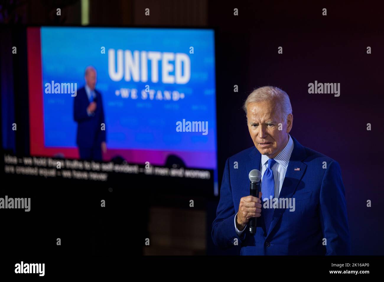 Washington DC, USA. 15th Sep, 2022. United States President Joe Biden makes remarks at the United We Stand Summit in the East Room of the White House in Washington, DC, USA, 15 September 2022.Credit: Jim LoScalzo/Pool via CNP Photo via Credit: Newscom/Alamy Live News Stock Photo