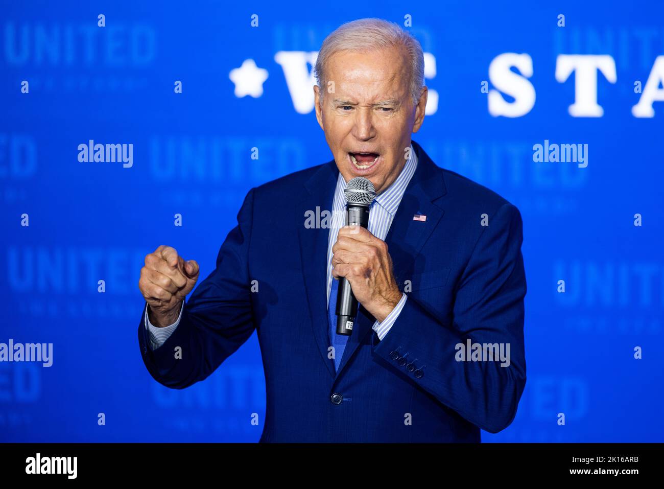 Washington DC, USA. 15th Sep, 2022. United States President Joe Biden makes remarks at the United We Stand Summit in the East Room of the White House in Washington, DC, USA, 15 September 2022.Credit: Jim LoScalzo/Pool via CNP Photo via Credit: Newscom/Alamy Live News Stock Photo