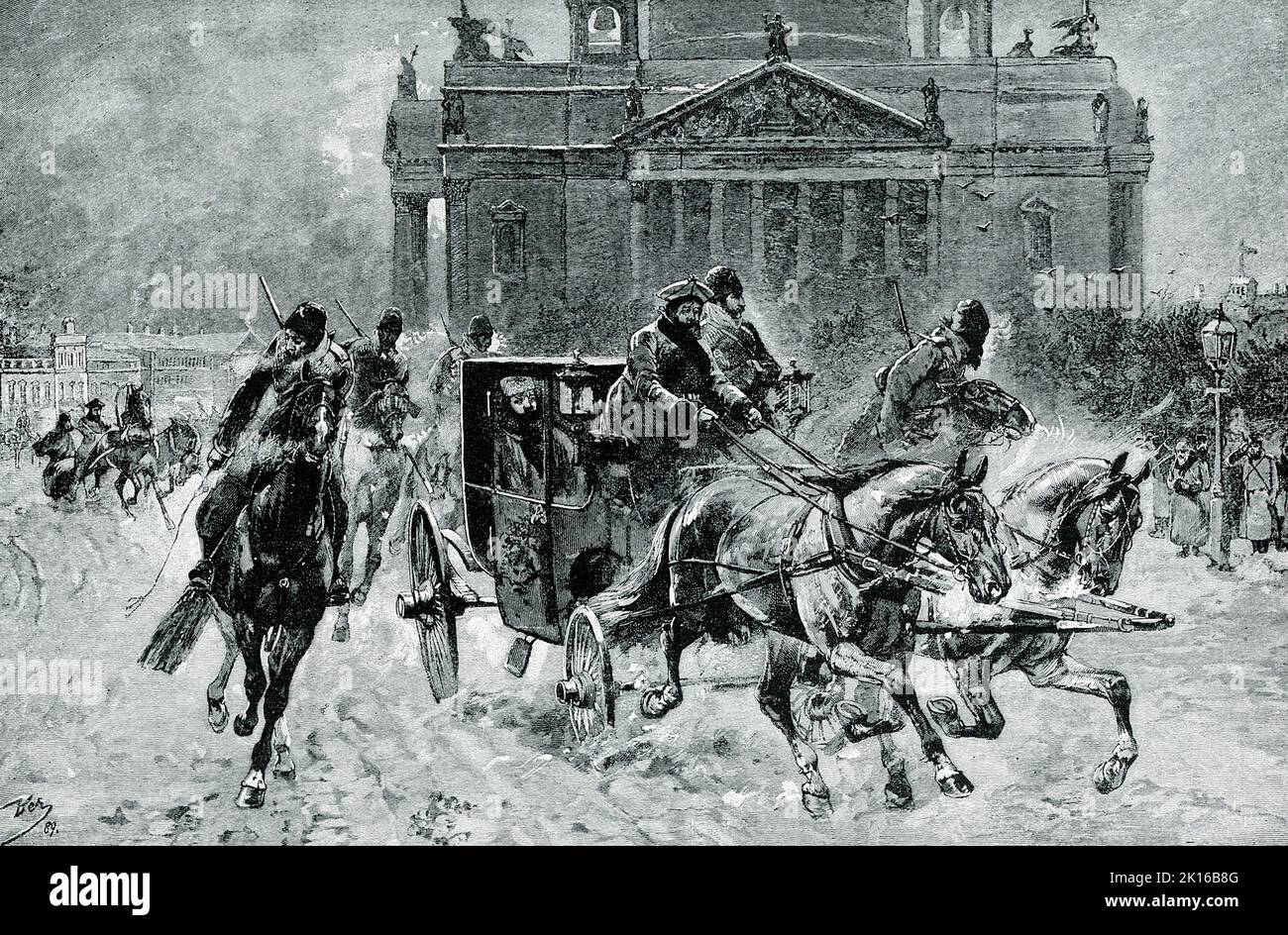 The 1906 caption reads: ALEXANDER II. GUARDED IN THE STREETS OF ST. PETERSBURG.—Alexander II [1818-assassinated 1881], called the Czar Deliverer, freed the serfs and was perhaps the best friend liberty ever had in Russia. Yet it was in his time that Nihilism was most savagely rampant. Every day the Nihilists managed to have letters mysteriously conveyed to him, menacing him with his approaching murder. Several determined and bloody efforts were made against him. His train and then his palace were blown up. He had to ride through the streets of his capital as we see him here, his carriage dashi Stock Photo