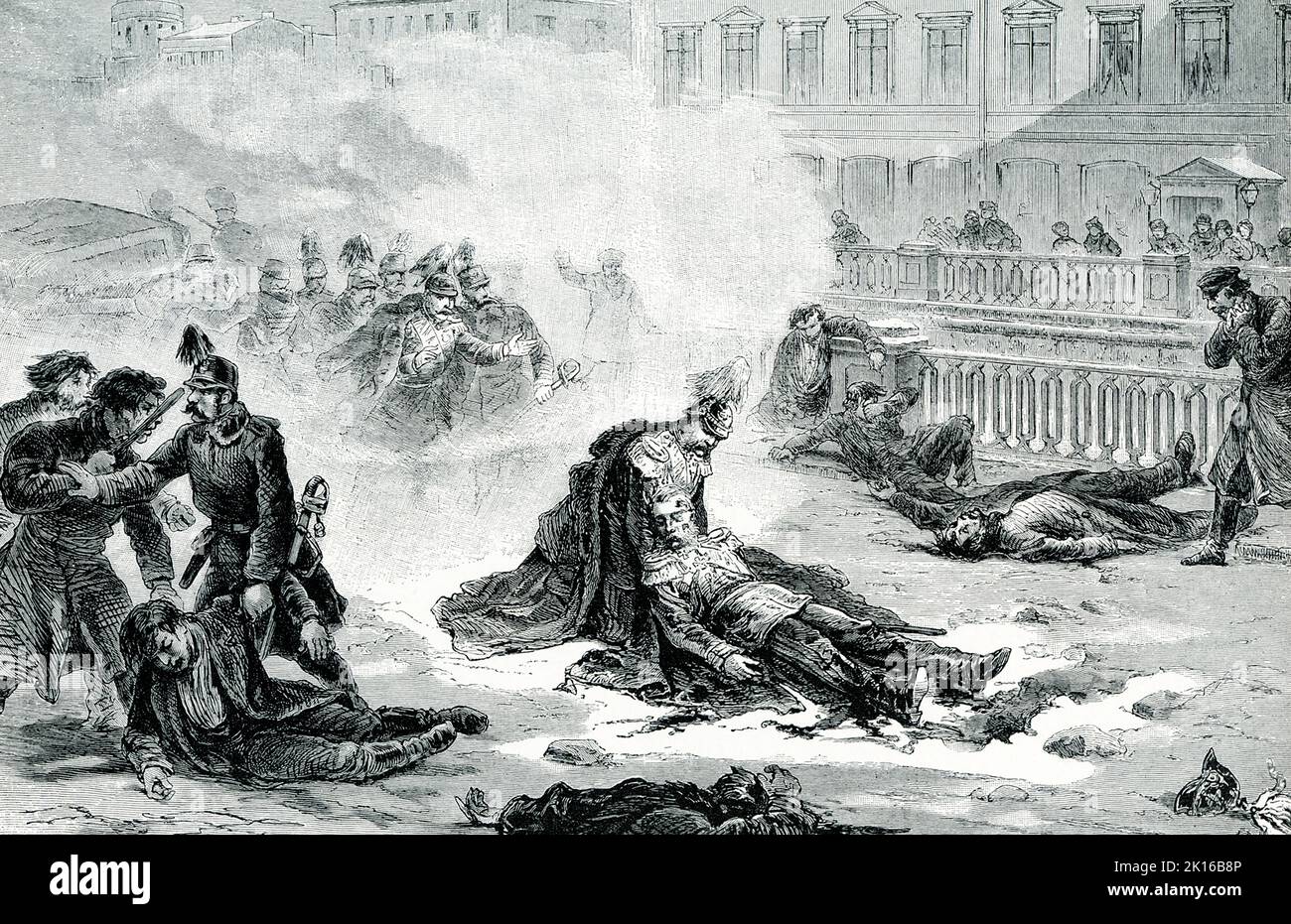 The 1906 caption reads: DEATH OF ALEXANDER II—Despite all the precautions of his ministers, Alexander was slain by the Nihilists at last. He had concluded that he was needlessly exposing his guards to death, since a bomb could reach him as well among them as alone. So he gave up all precautions and drove about unprotected. In March, 1881, a bomb was thrown at his carriage. Two bystanders were hurt, and the Czar hastened to their help, when a second bomb was hurled directly at his feet. Both he and the man who threw it fell dying, almost torn to pieces. Another bomb-thrower came hurrying up : b Stock Photo