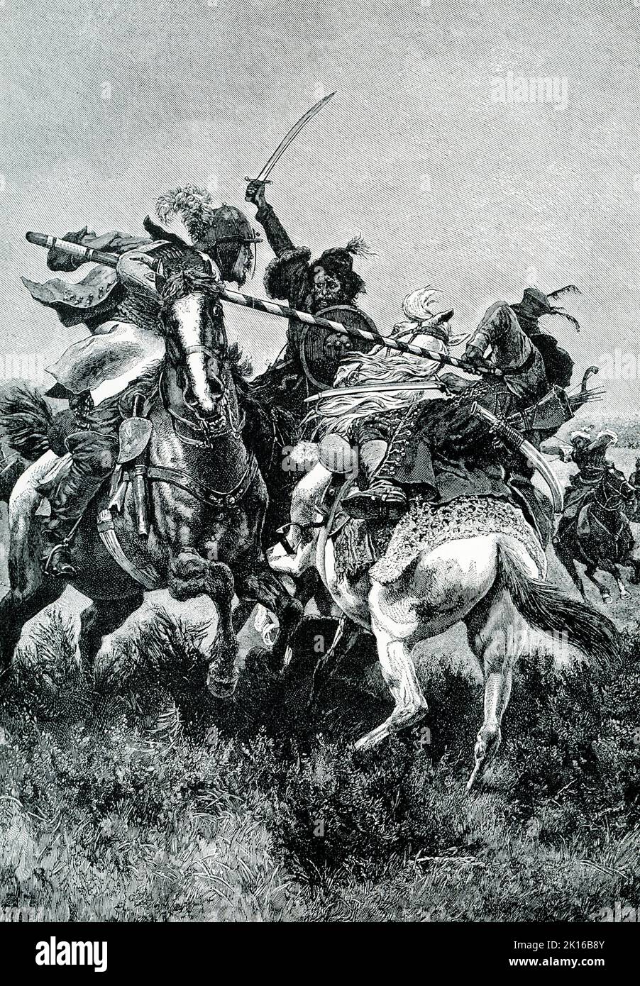 The 1906 caption reads: “PULTOWA—A PRELIMINARY SKIRMISH.—This spirited picture shows the warriors of the time of Peter the Great. His long and remarkable struggle against the Swedes and their mighty leader Charles XII ended at Pultowa, in southern Russia, where the Swedes—then esteemed the best soldiers of Europe—were completely overthrown. We have here a preliminary skirmish, showing the differing methods of warfare of the Cossack and Swedish horsemen.” The Battle of Poltava (July 8 1709) was the decisive and largest battle of the Great Northern War. A Russian army under the command of Tsar P Stock Photo