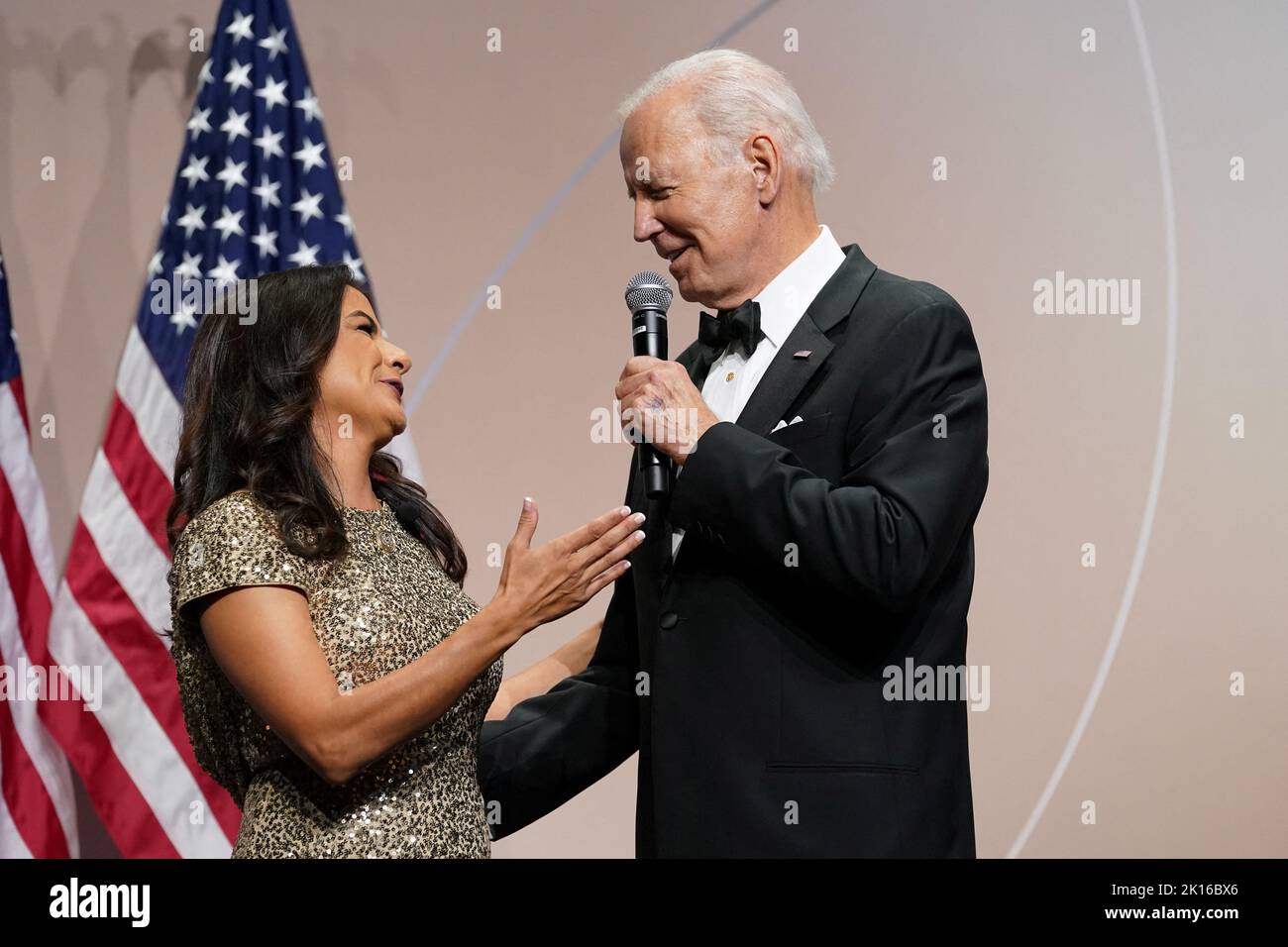 U.S. President Joe Biden speaks with U.S. Rep. Nanette Barragan (D-CA) as he attends the 45th Congressional Hispanic Caucus Institute Gala to kick-off the White House's celebration of Hispanic Heritage Month, in Washington, U.S. September 15, 2022. REUTERS/Kevin Lamarque Stock Photo