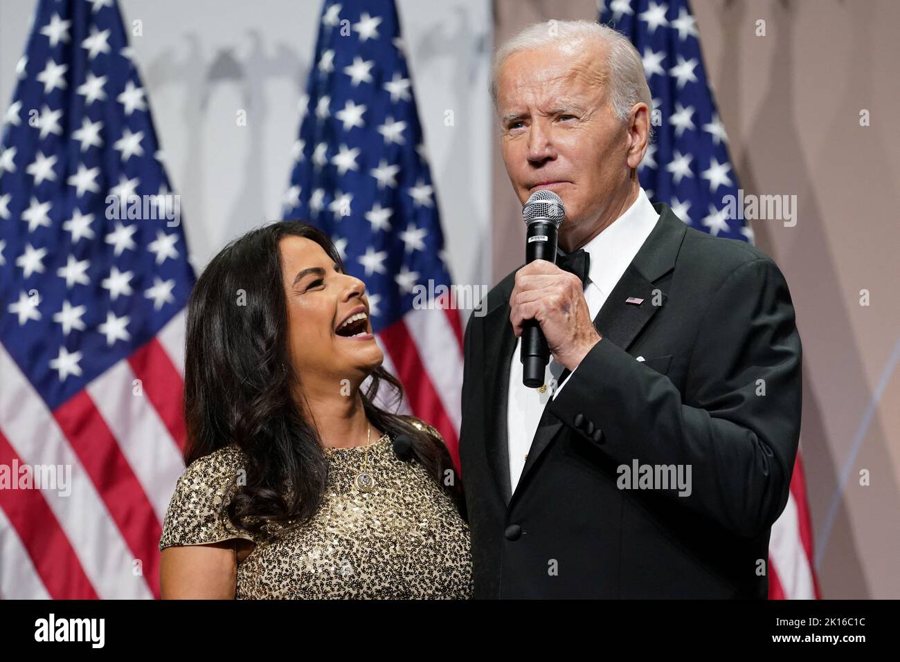 U.S. President Joe Biden speaks next to U.S. Rep. Nanette Barragan (D-CA) as he attends the 45th Congressional Hispanic Caucus Institute Gala to kick-off the White House's celebration of Hispanic Heritage Month, in Washington, U.S. September 15, 2022. REUTERS/Kevin Lamarque Stock Photo