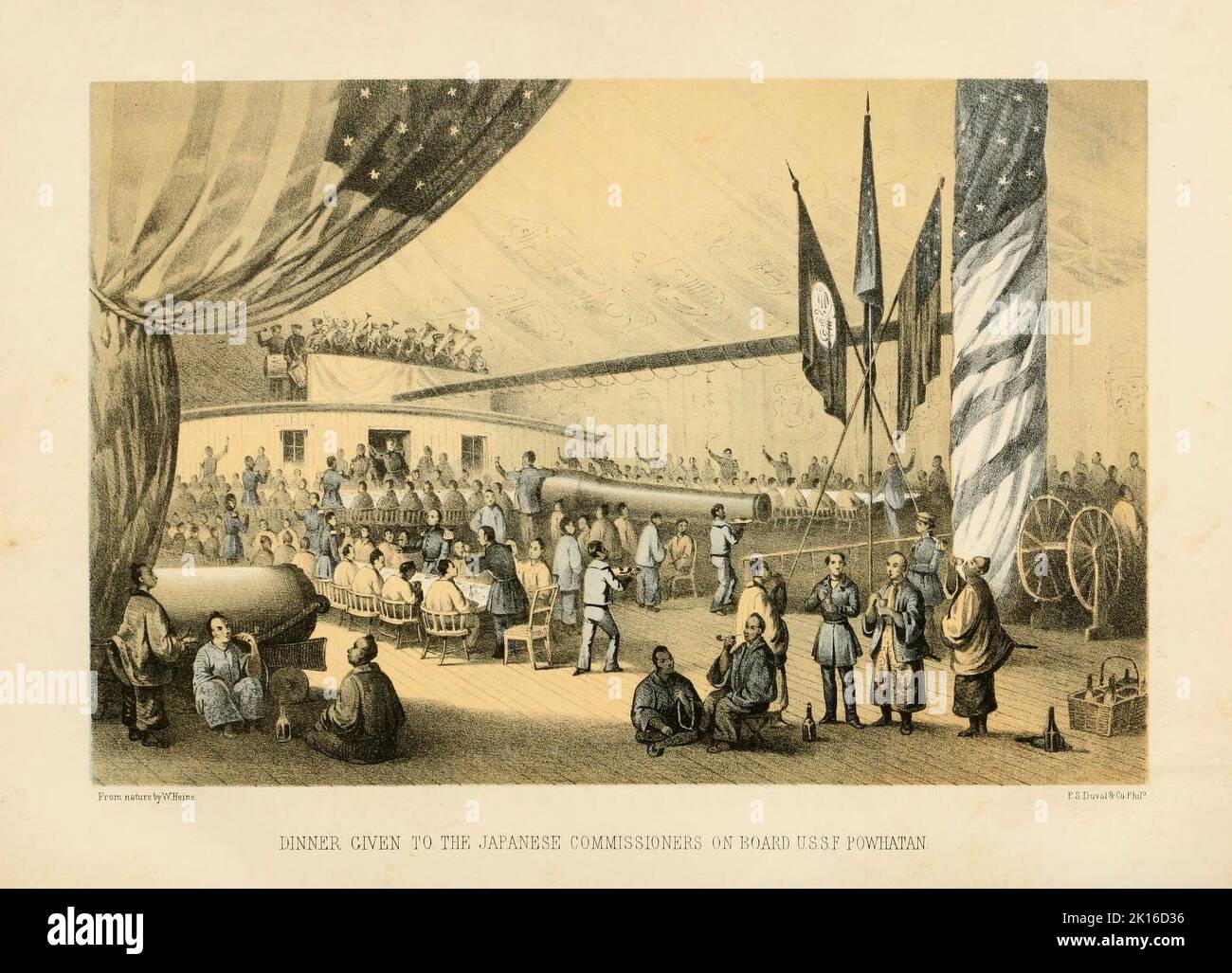 Dinner given to the Japanese comissioners on board U.S.S.F. Powhatan. From Narrative of the Expedition of an American Squadron to the China Seas and Japan, performed in the years 1852, 1853, and 1854, under the Command of Commodore M.C. Perry, United States Navy, by order of the Government of the United States. By Matthew Calbraith Perry (1794-1858), Lambert Lilly (1798-1866), George Jones (1800-1870). Publication date 1856. Stock Photo