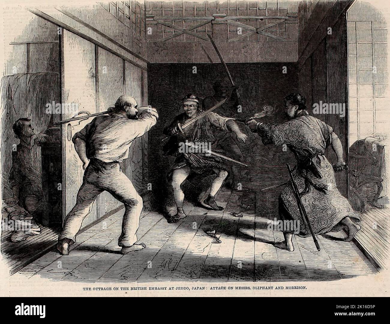 Scene of first Tozenji incident. Joi-ha (supporters of expulsion of the foreigners) samurai who left the Mito clan attacked British Embassy at Tozenji, Takanawa, Edo, Japan on July 5th, 1861. Laurence Oliphant is fighting with horse riding whip.George S. Morrison is hiding. From Illustrated London News, 12 October 1861. Below is caption  'The Outrage on the British Embassy at Jeddo. Attack on Messrs. Oliphant and Morrison.' Stock Photo