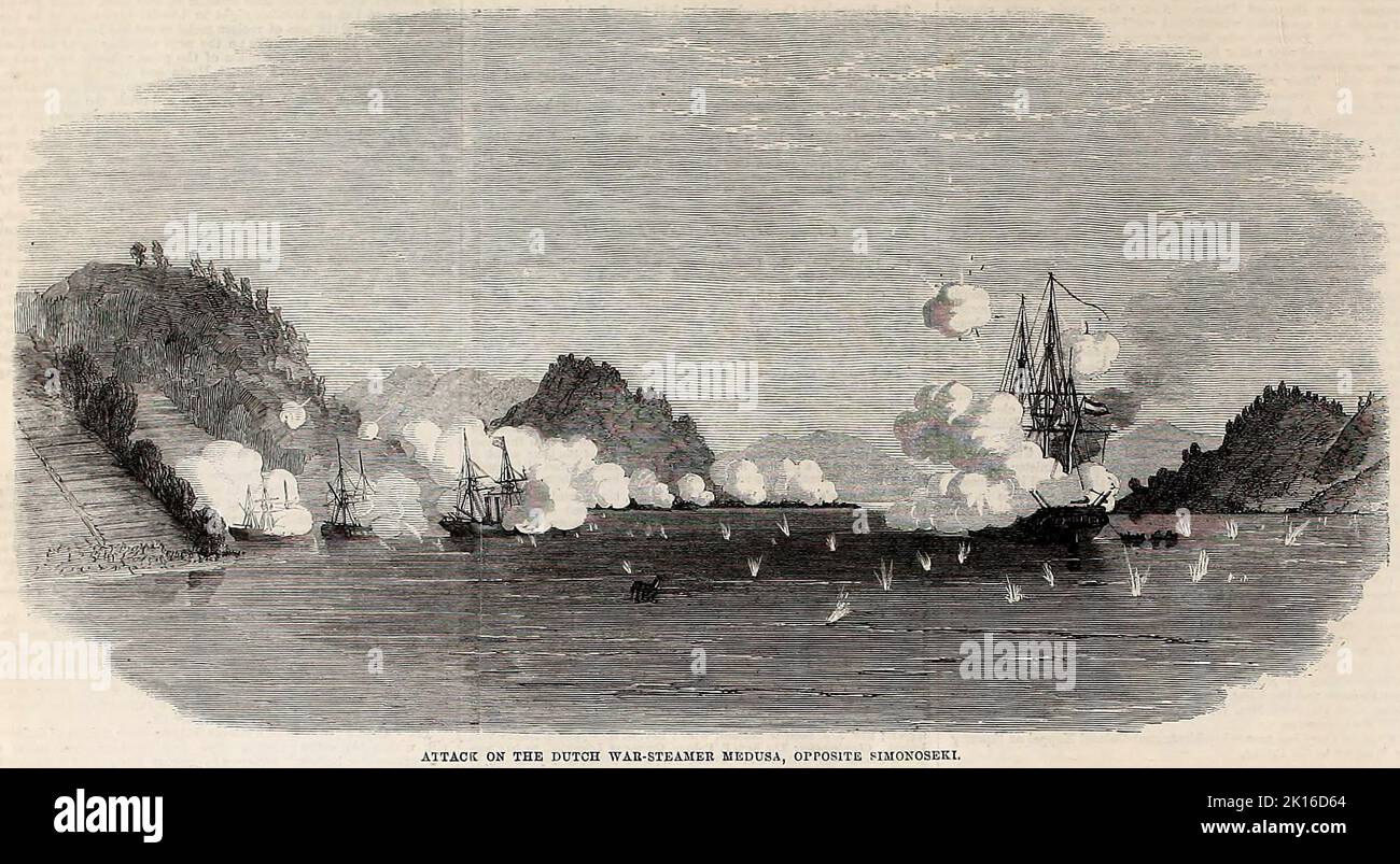Shimonoseki campaign, Attack on the Dutch War-Steamer Medusa, Opposite Shimonoseki, Japan,1863 Stock Photo