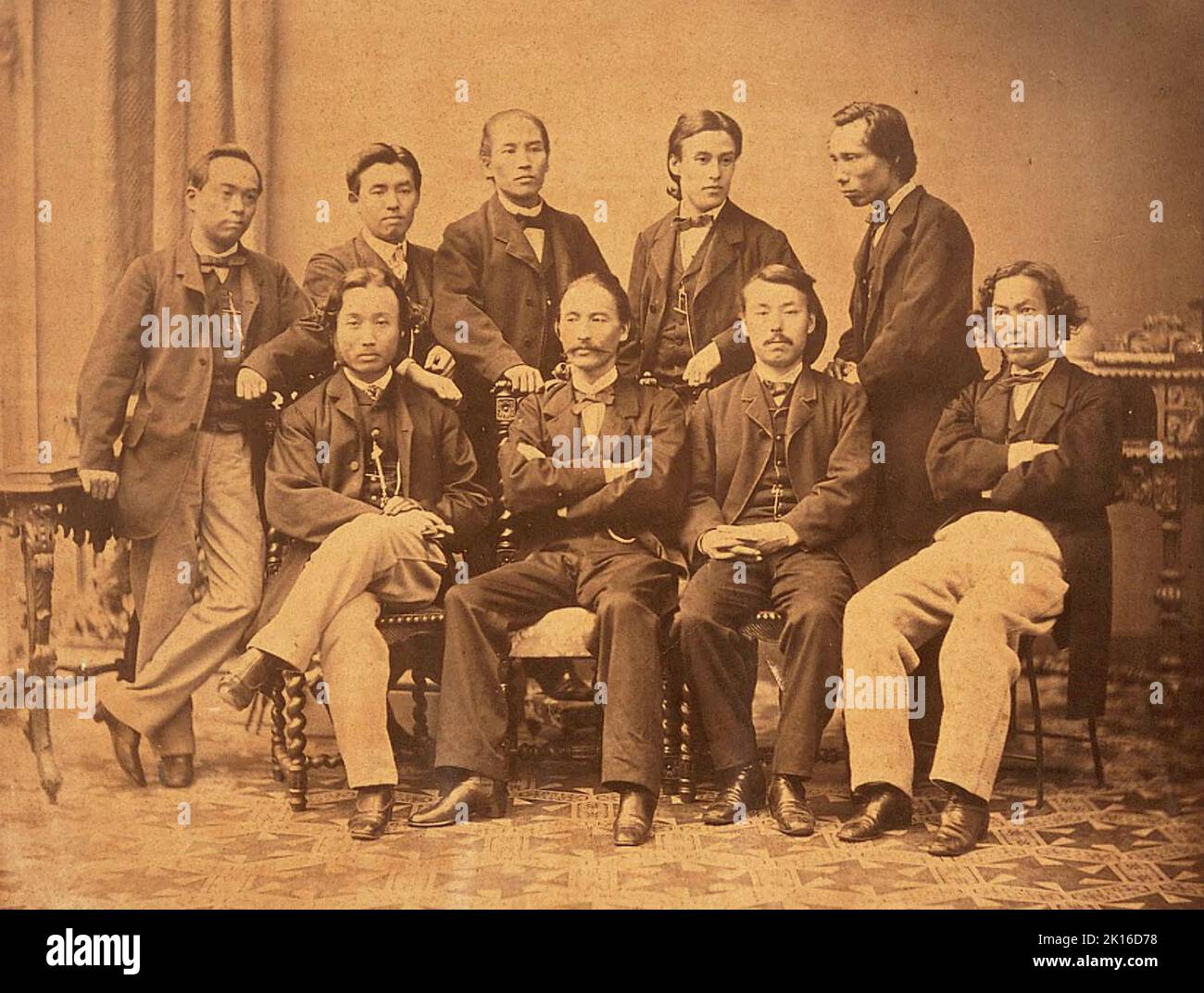 Students sent to Netherlands by Tokugawa Bakufu. They departed on June, 18th 1862 (Bunkyu, Edo period). Enomoto Takeaki (back left 3), Nishi Amane (front right1 ) are seen. This photo was taken at Netherlands in 1865. Stock Photo