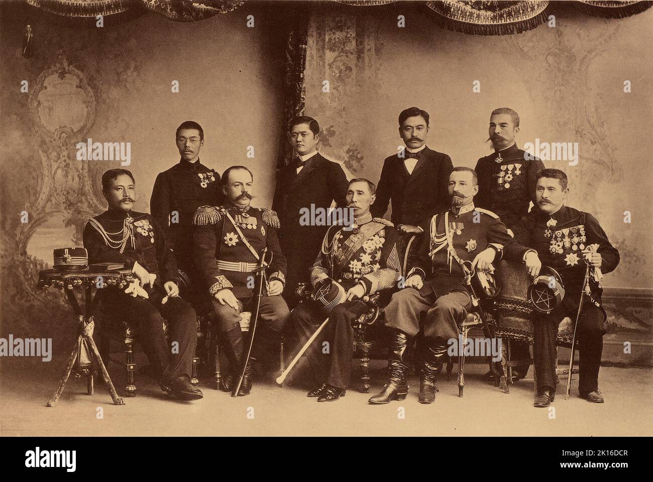 Representatives of Japan present at the coronation of Nicholas II, Emperor of Russia. The Ambassador Yamagata Aritomo (1838-1922) is sitting at the front centre. 1896. Stock Photo