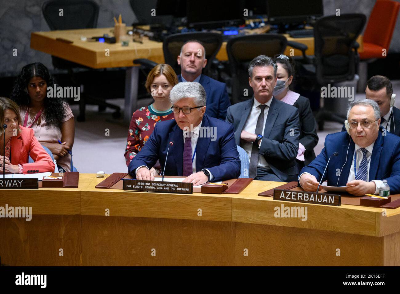 United Nations. 16th Sep, 2022. (220916) -- UNITED NATIONS, Sept. 16, 2022 (Xinhua) -- UN assistant secretary-general for Europe, Central Asia and Americas, Miroslav Jenca (C), speaks at a Security Council meeting on tensions between Armenia and Azerbaijan at the UN Headquarters in New York on Sept. 15, 2022. Jenca on Thursday stressed the need for a peaceful settlement of the Armenia-Azerbaijan conflict. (Loey Felipe/UN Photo/Handout via Xinhua) Credit: Xinhua/Alamy Live News Stock Photo