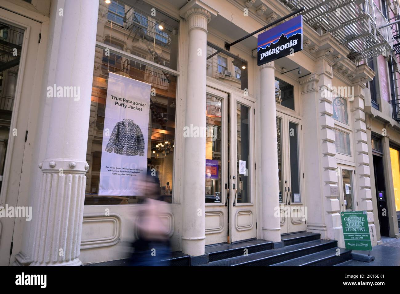 New York, USA. 15th View of the Patagonia store hanging above entrance to the outdoor apparel maker, New York, NY, September 15, 2022. Founder Yvon Chouinard decided to