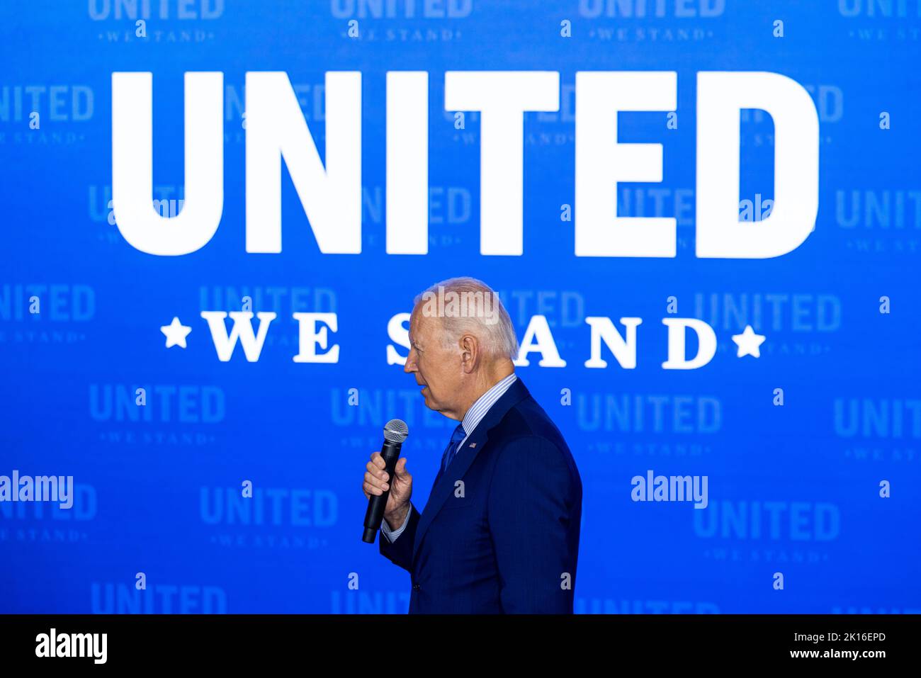 Washington DC, USA. 15th Sep, 2022. United States President Joe Biden makes remarks at the United We Stand Summit in the East Room of the White House in Washington DC, USA, 15 September 2022. Credit: Jim LoScalzo/Pool via CNP/dpa/Alamy Live News Stock Photo