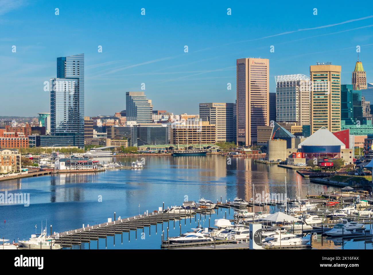 Baltimore Inner Harbor, mixture of historic and modern skyscrapers and museums, Baltimore, Maryland. Stock Photo