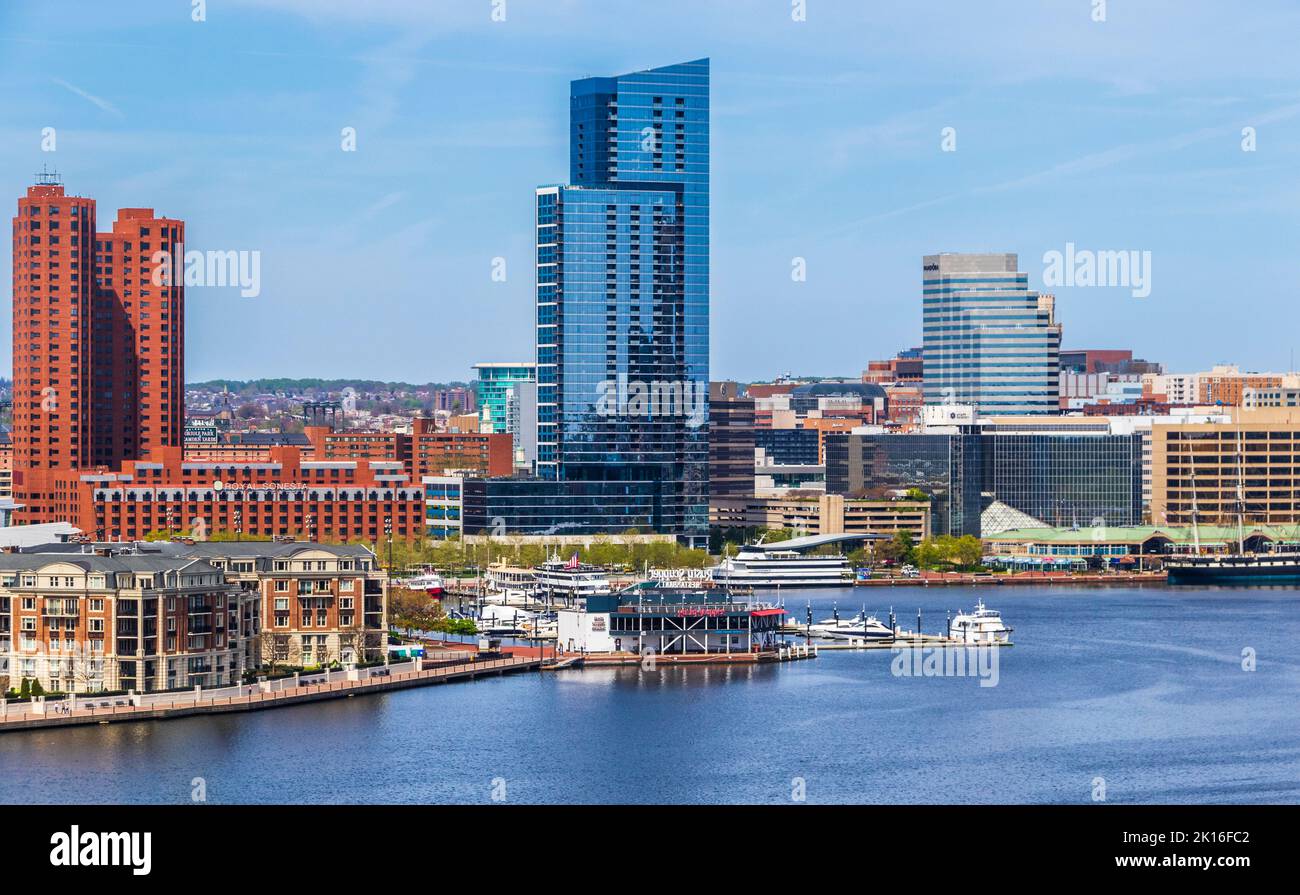 Baltimore Inner Harbor luxury high-rise living complexes with views of harbor including famous Rusty Scupper restaurant and Marina, Baltimore Maryland. Stock Photo