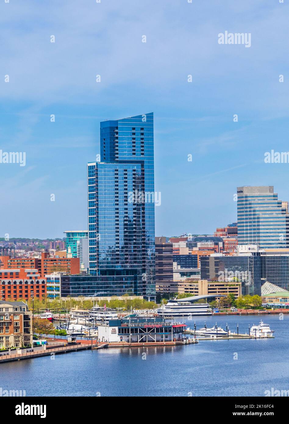 Baltimore Inner Harbor luxury high-rise living complexes with views of harbor including famous Rusty Scupper restaurant and Marina, Baltimore Maryland. Stock Photo