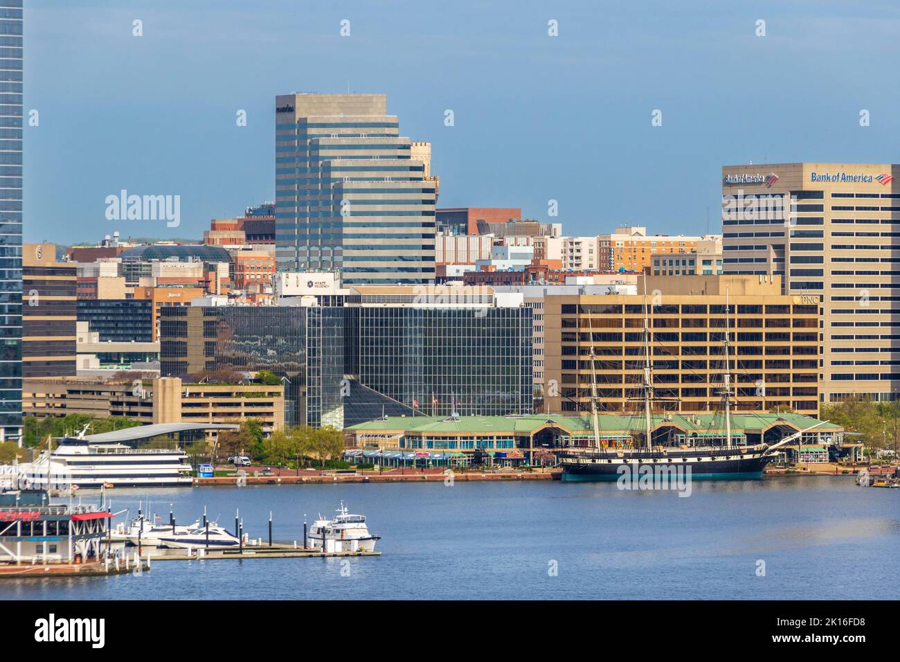 USS Constellation, a sloop-of-war, the last sail-only warship built by the US Navy, in Baltimore Inner Harbor, Baltimore, Maryland. Stock Photo